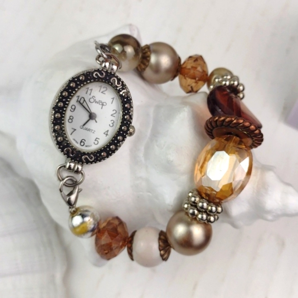 Silver Tone Faceted Bead Stainless Steel Water Resistant Beehive Bracelet Watch